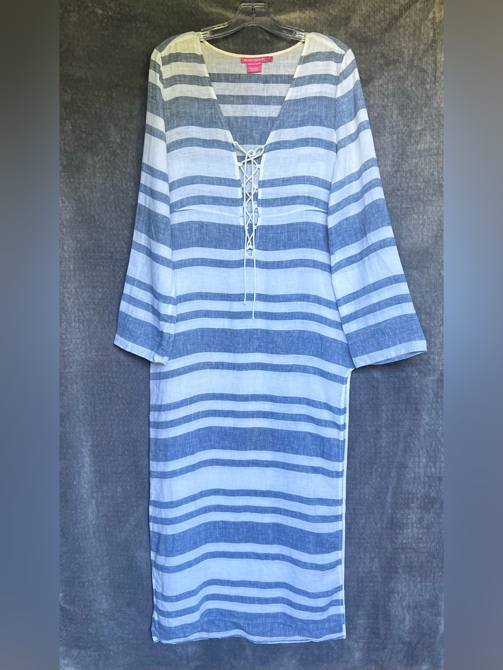 Island Company Cortes Caftan Sz S 100% Linen Maxi Dress Long Sleeve Striped Chic